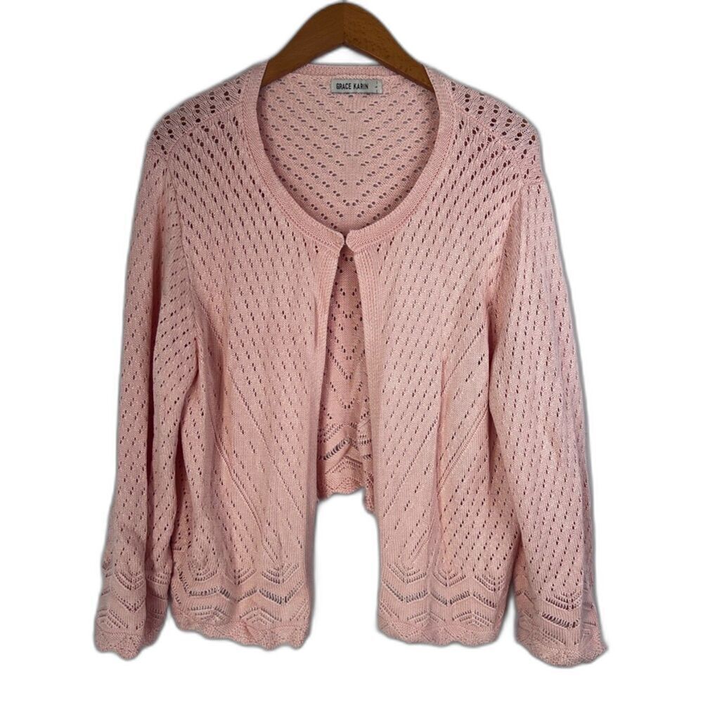 Grace‎ Karin Light Pink Crochet Knit Cropped Cardigan Sweater Size Large